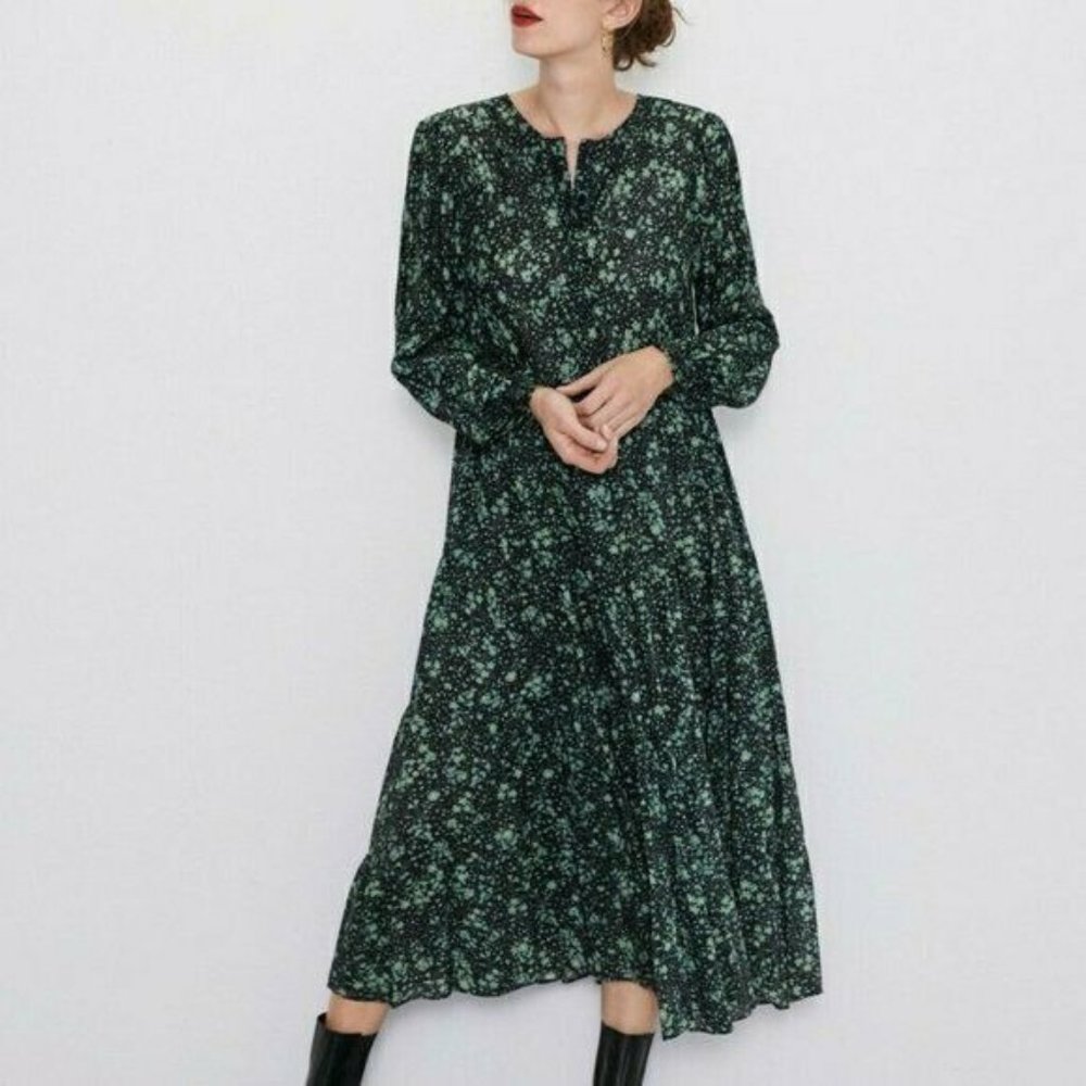 Zara Angel Tiered Shirt Dress Green Black Floral XXL Modest Long Sleeves